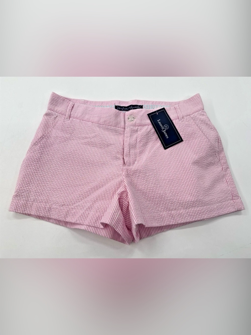 Lauren James Seersucker Shorts Womens Medium Pink Lined Gingham Chino $52 NEW